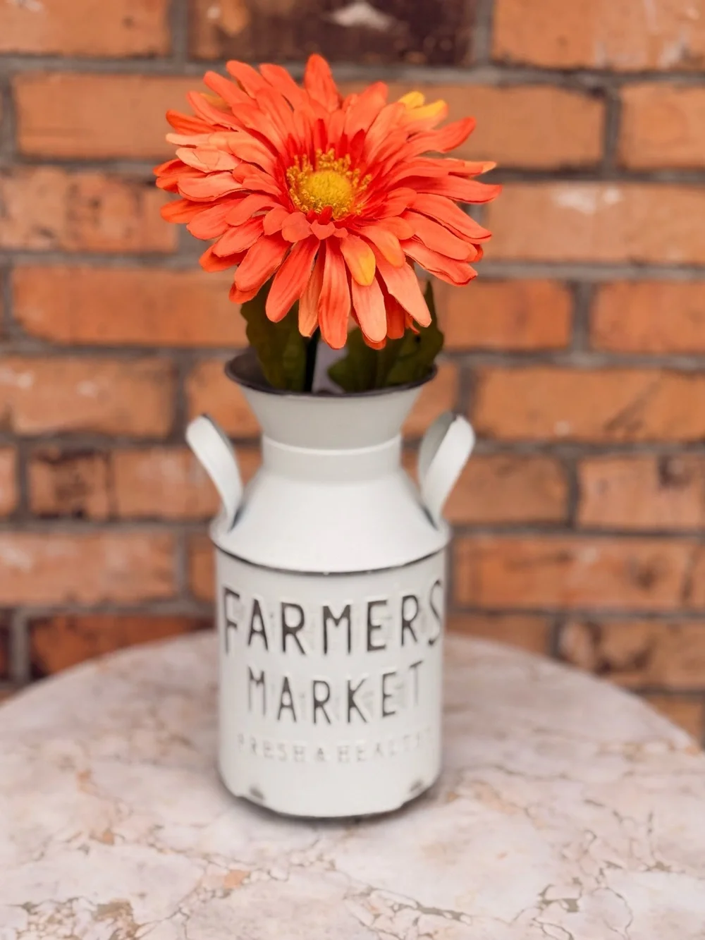 Farmersw Market White Decorative Milk Can Vase with Orange Flower 12”